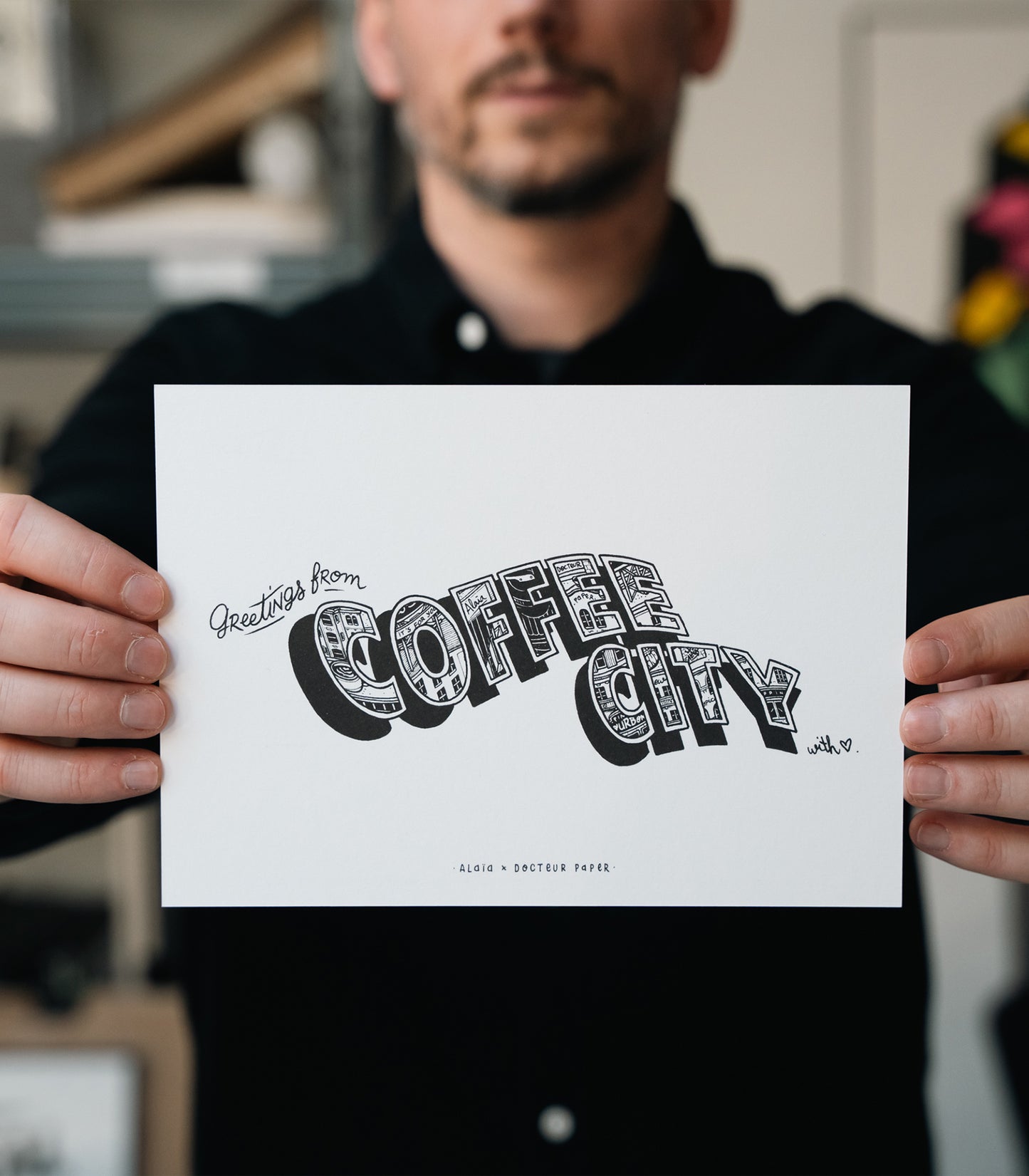 Greetings from Coffee City Carte risographie noir et blanc